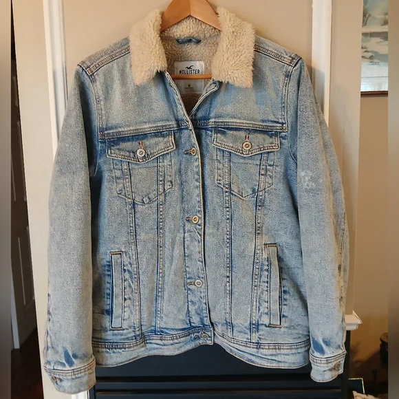 Hollister Faux Shearling Lined Denim Trucker Jacket Women's Medium - Picture 8 of 10
